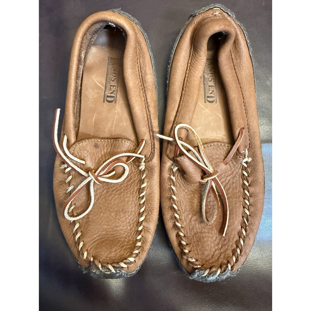 LANDS END Driving Moccasins Loafers Ladies 8 M Rubber Bottomed Brown Slippers‎